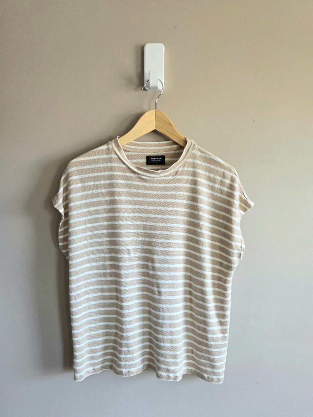 Pure Cotton 100% Stripy Tee-shirt Tan Beige